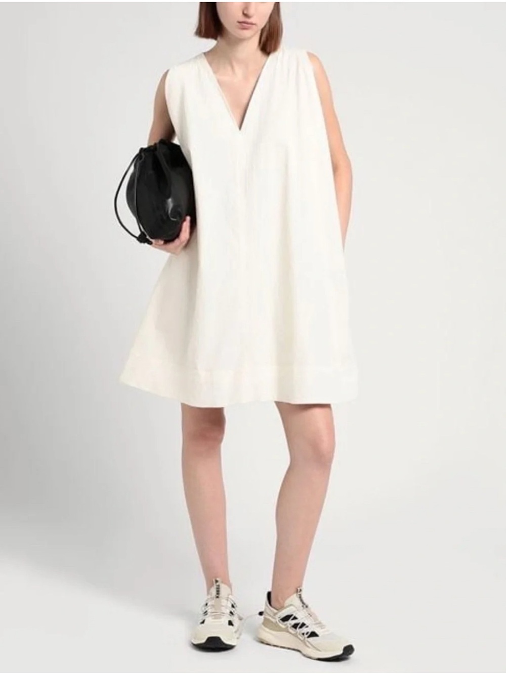New COS White Sleeveless A-Line Mini Dress Pockets Textured Cotton US 14 NWT